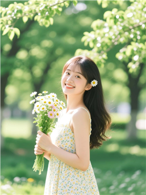 绿色树林清新女孩手捧花束图片